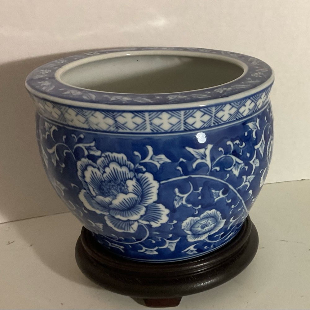 Blue and White Floral Ceramic Planter - Unbranded